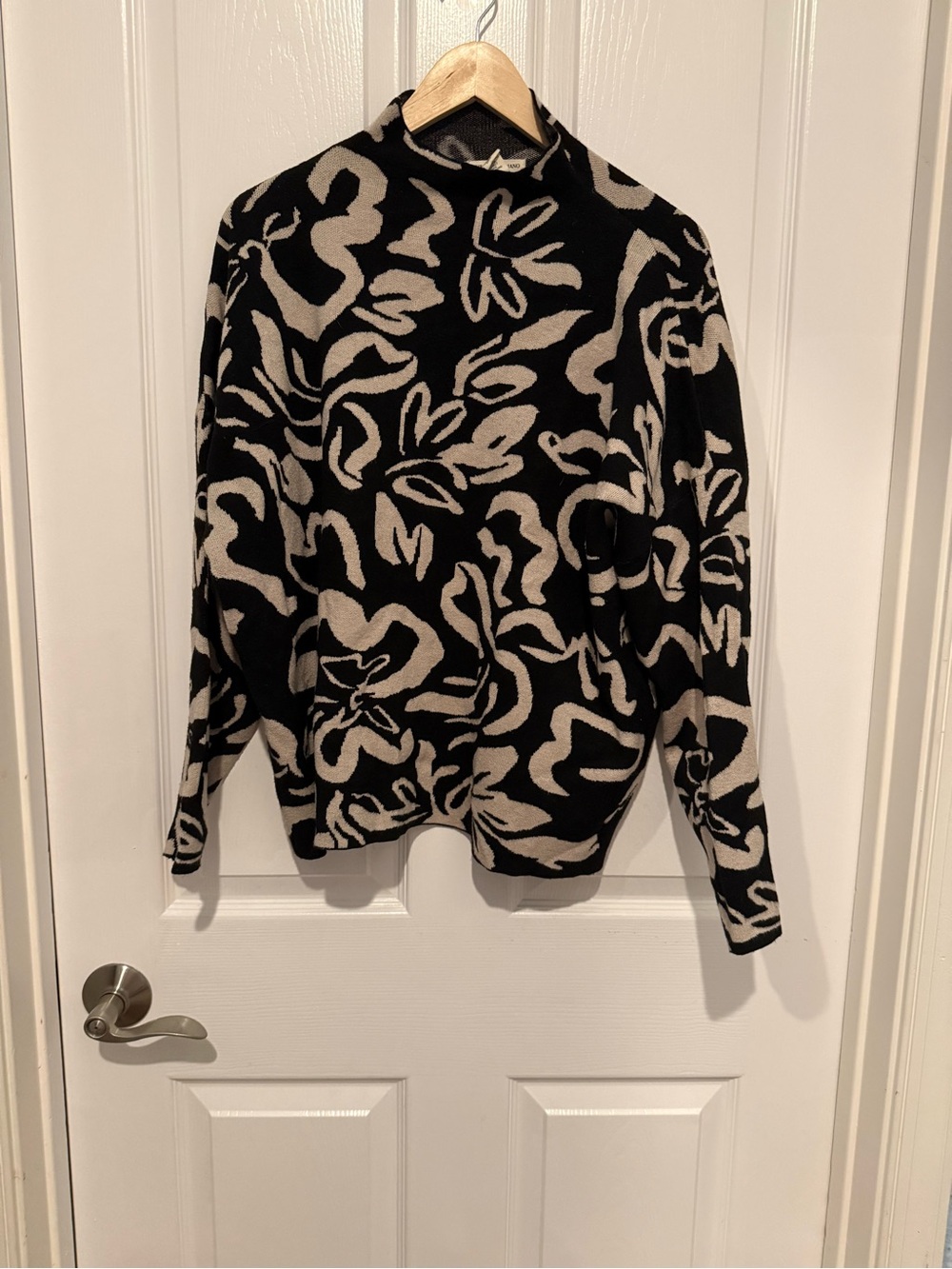 Christian Siriano Black and Cream Abstract Floral Mock Neck Sweater
